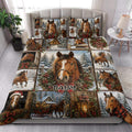 Horse quilt bedding set styled in a bright bedroom with snowy horses, wreaths, and Christmas cabin scenes