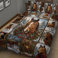 Horse quilt blanket draped across a bed with detailed winter horse portraits, greenery, bows, and snowy scenes