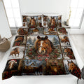 Horse quilt bedding set displayed on a bed with winter scenes, Christmas greenery, red bows, and horse artwork