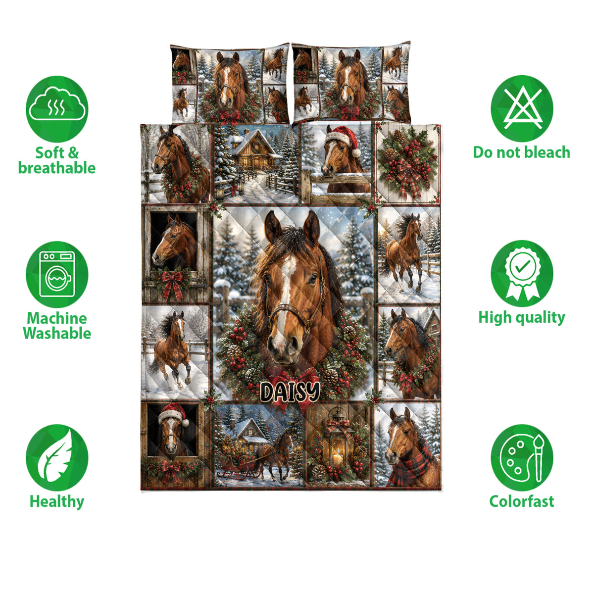 Horse quilt blanket shown with snowy Christmas artwork and soft, breathable, machine washable feature icons