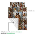 Horse quilt showing the printed side, white quilted backing, and winter holiday horse artwork