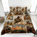 Rodeo quilt blanket displayed on a bed with bull riding, cowboy, horse, saddle, and western star artwork