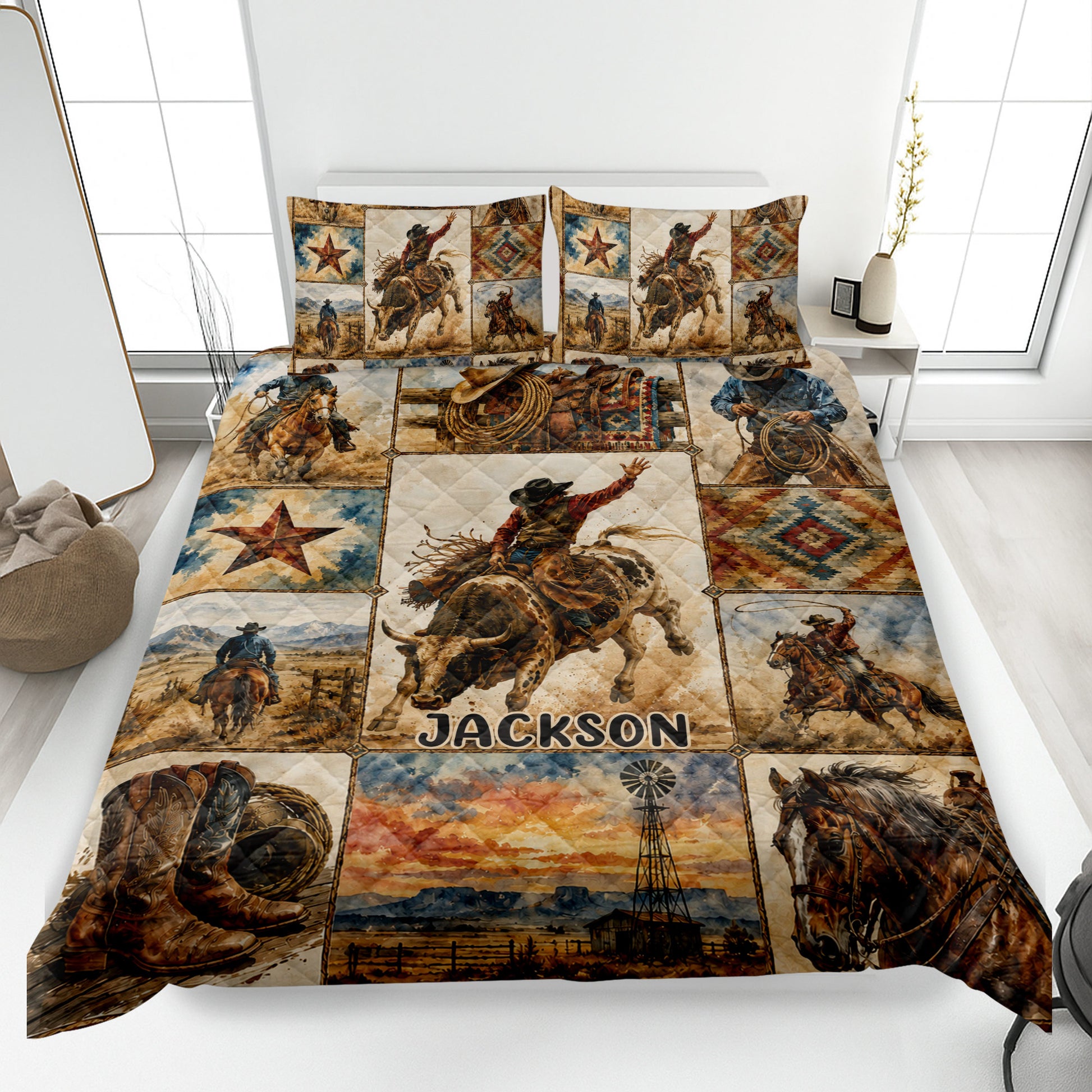 Rodeo quilt blanket displayed on a bed with bull riding, cowboy, horse, saddle, and western star artwork