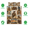 Rodeo quilt bedding set shown with bull riders, cowboys, horses, western patterns, and feature icons