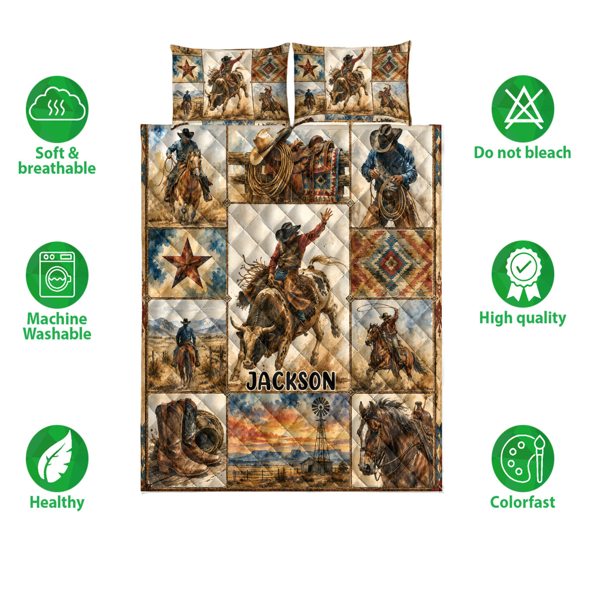 Rodeo quilt bedding set shown with bull riders, cowboys, horses, western patterns, and feature icons