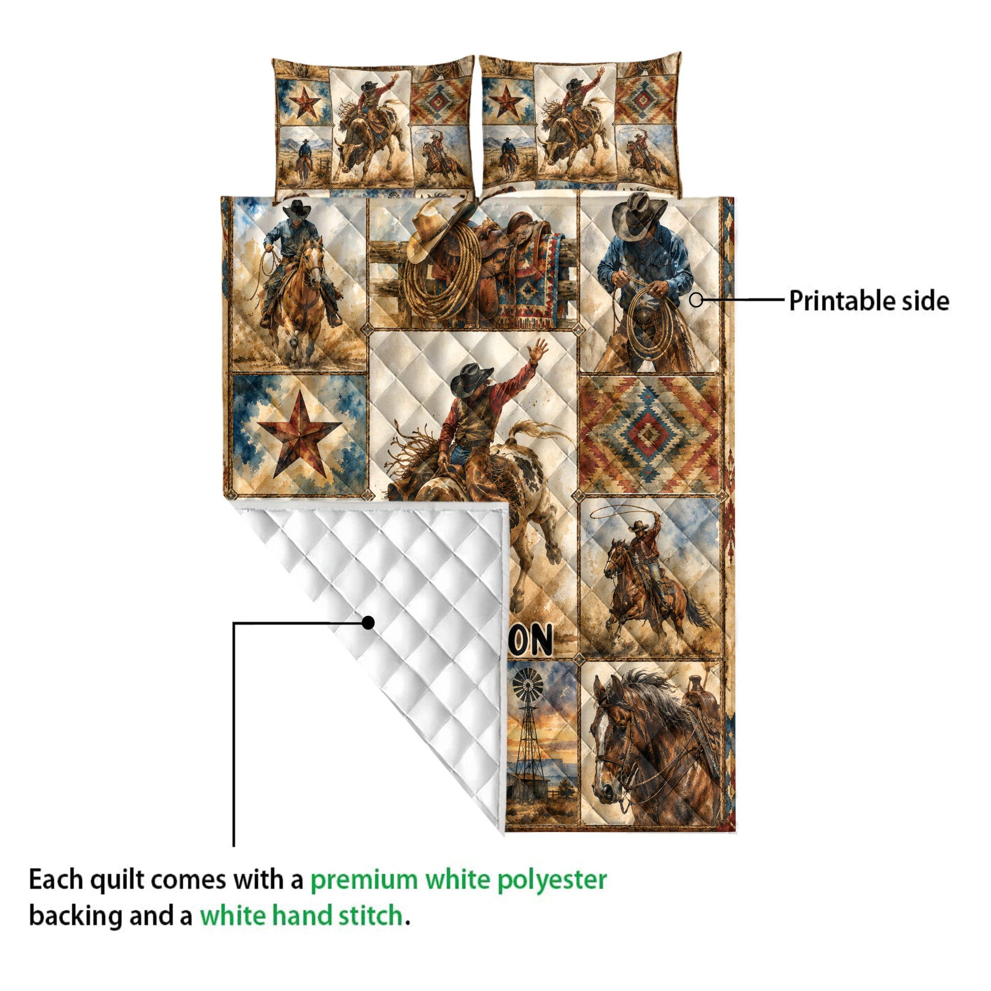 Rodeo quilt showing a colorful printed front and white quilted backing with diamond stitching