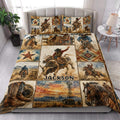 Rodeo quilt blanket styled on a bed with bull riding, cowboy, horse, saddle, and southwestern artwork