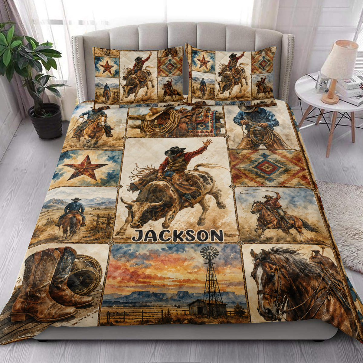 Rodeo quilt blanket styled on a bed with bull riding, cowboy, horse, saddle, and southwestern artwork
