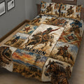 Western rodeo quilt blanket displayed in a bedroom with bull rider, horse, cowboy, and rustic ranch scenes