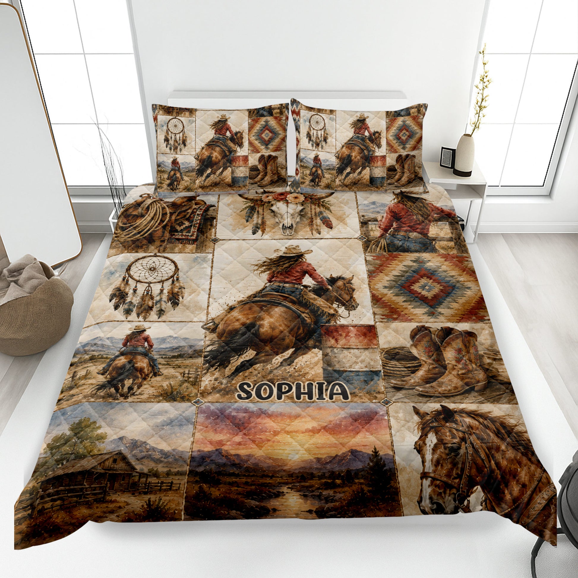 Cowgirl quilt blanket bedding set featuring horseback riding, cowboy boots, horses, dreamcatchers, and Southwestern patterns