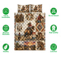 Cowgirl quilt blanket displayed with soft breathable, washable, colorfast, and quality feature icons