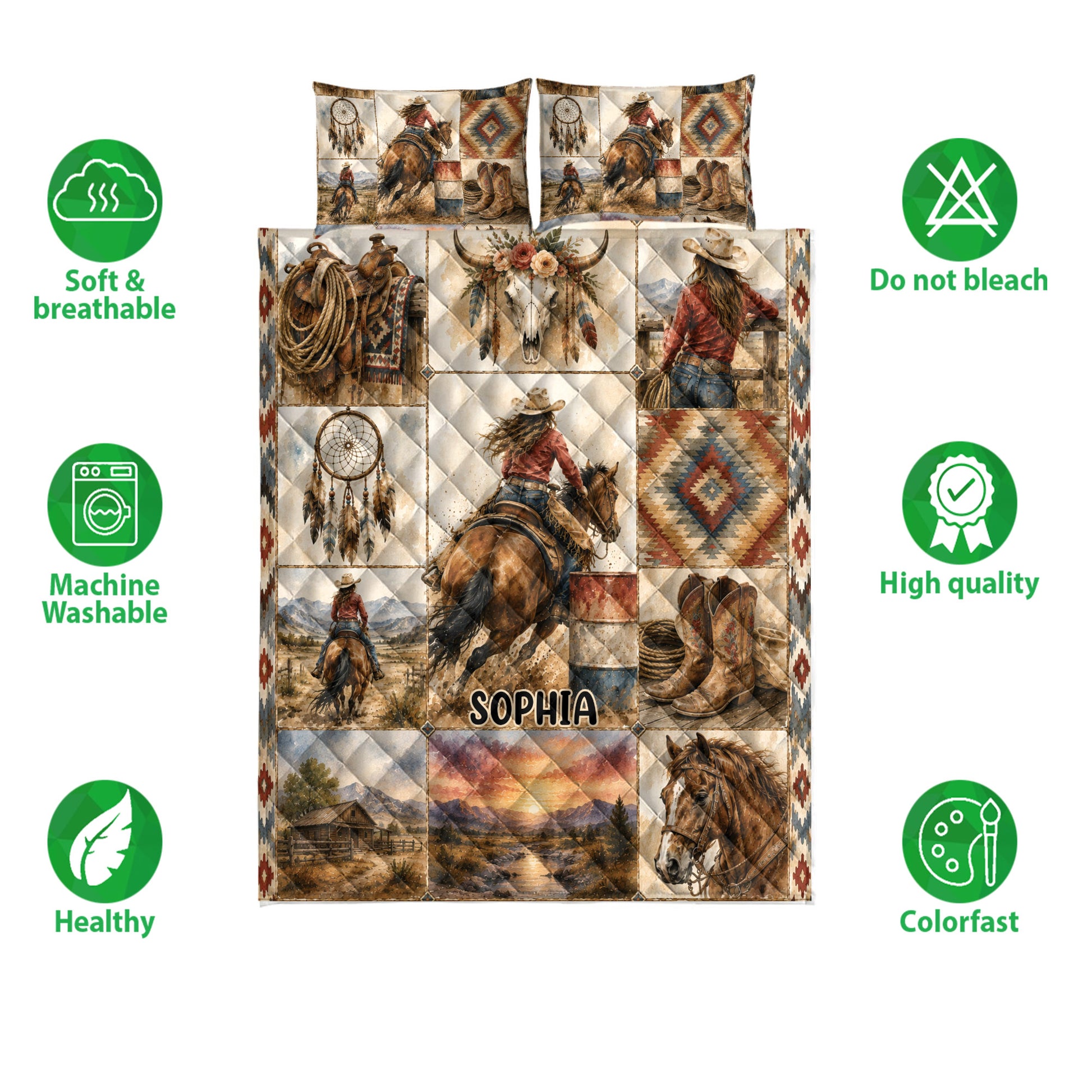 Cowgirl quilt blanket displayed with soft breathable, washable, colorfast, and quality feature icons