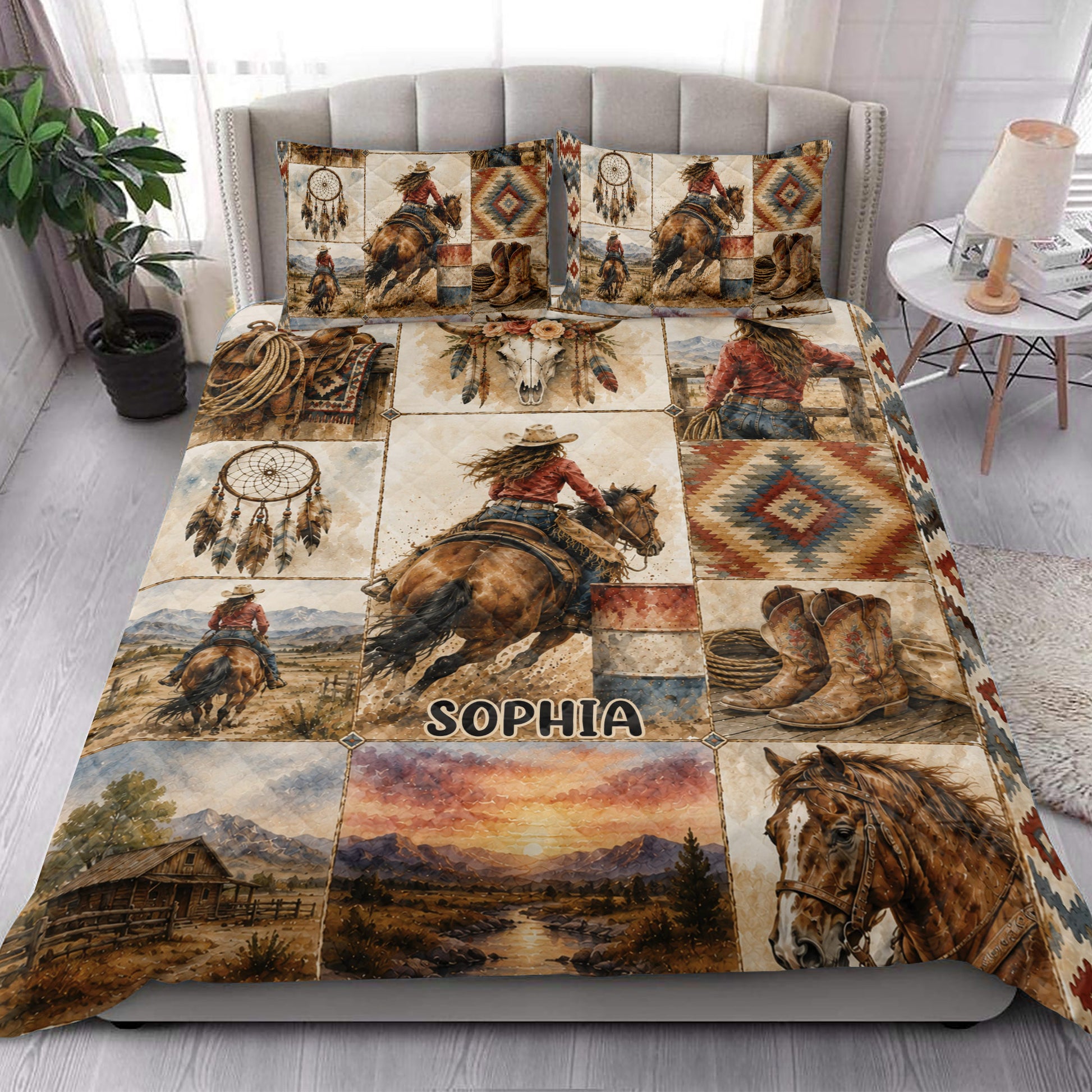 Cowgirl quilt blanket styled on a bright bedroom with horseback riding and Western ranch artwork