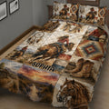 Close-up cowgirl quilt bedding set with horses, saddles, boots, dreamcatchers, and Southwestern geometric designs