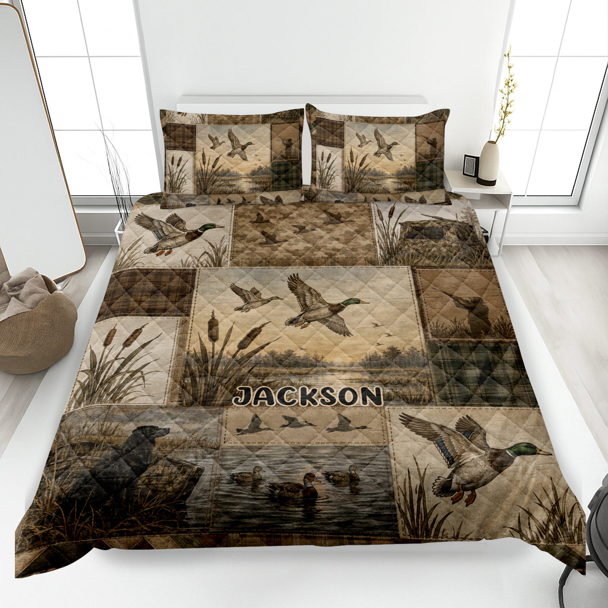 Duck hunting quilt blanket bedding set with mallards, marsh scenes, camouflage panels, a retriever, and rustic artwork