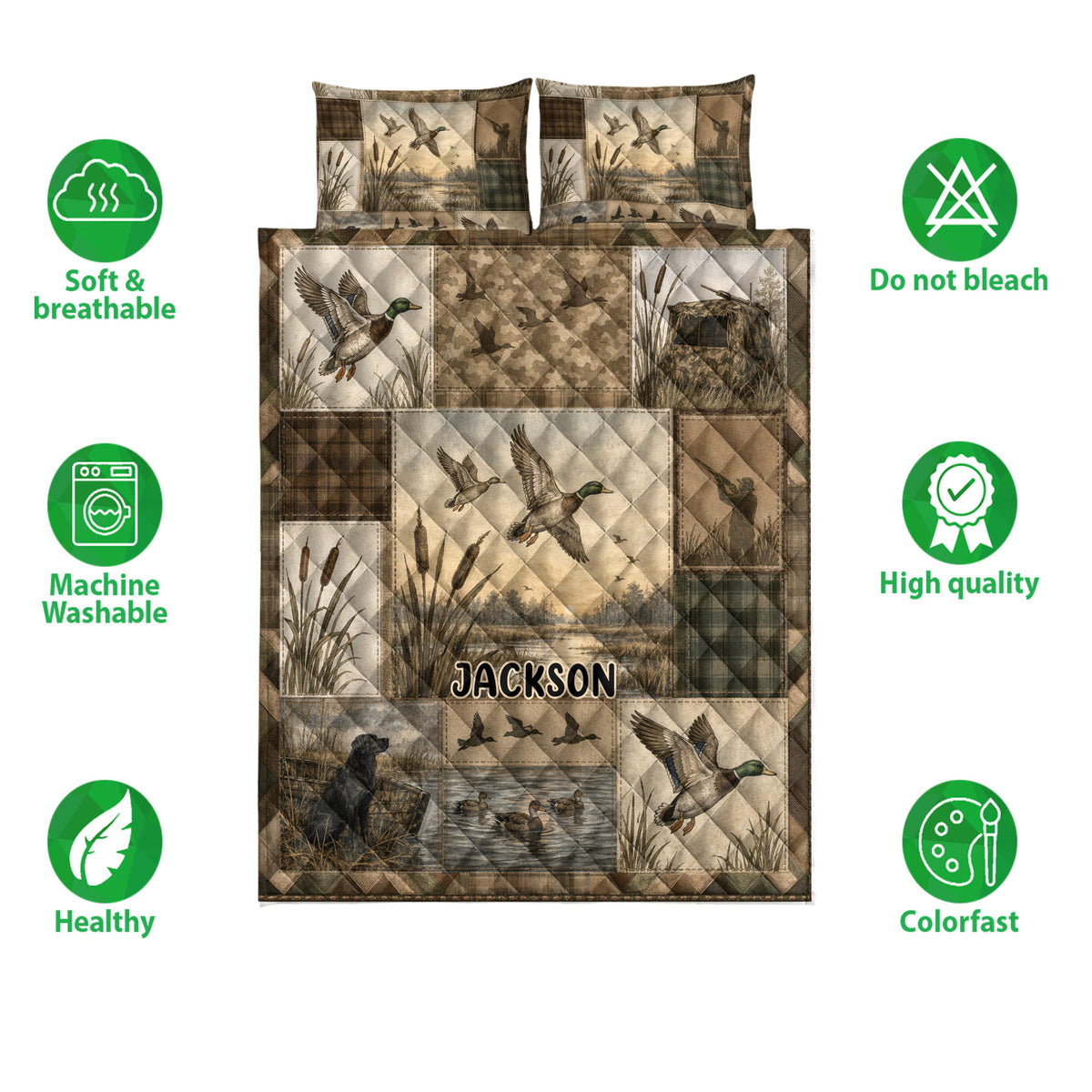 Duck hunting quilt bedding set displayed with mallards, marsh scenes, camouflage, and soft breathable design icons