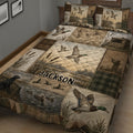 Close view of duck hunting bedding with flying mallards, cattails, a retriever, wetland scenes, and camouflage accents