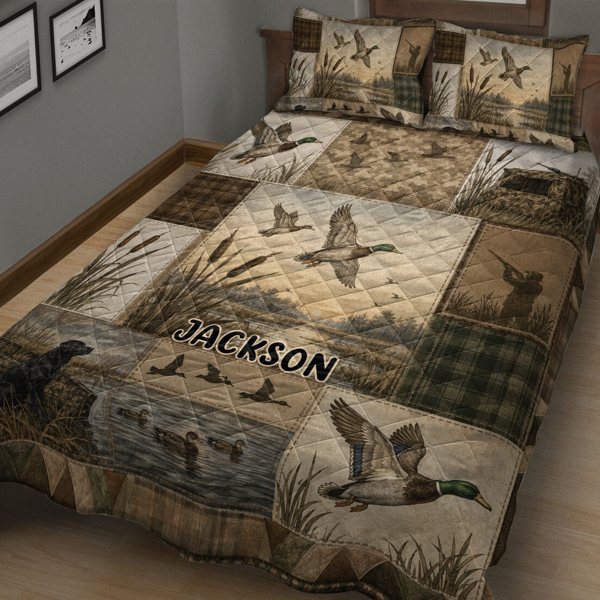 Close view of duck hunting bedding with flying mallards, cattails, a retriever, wetland scenes, and camouflage accents