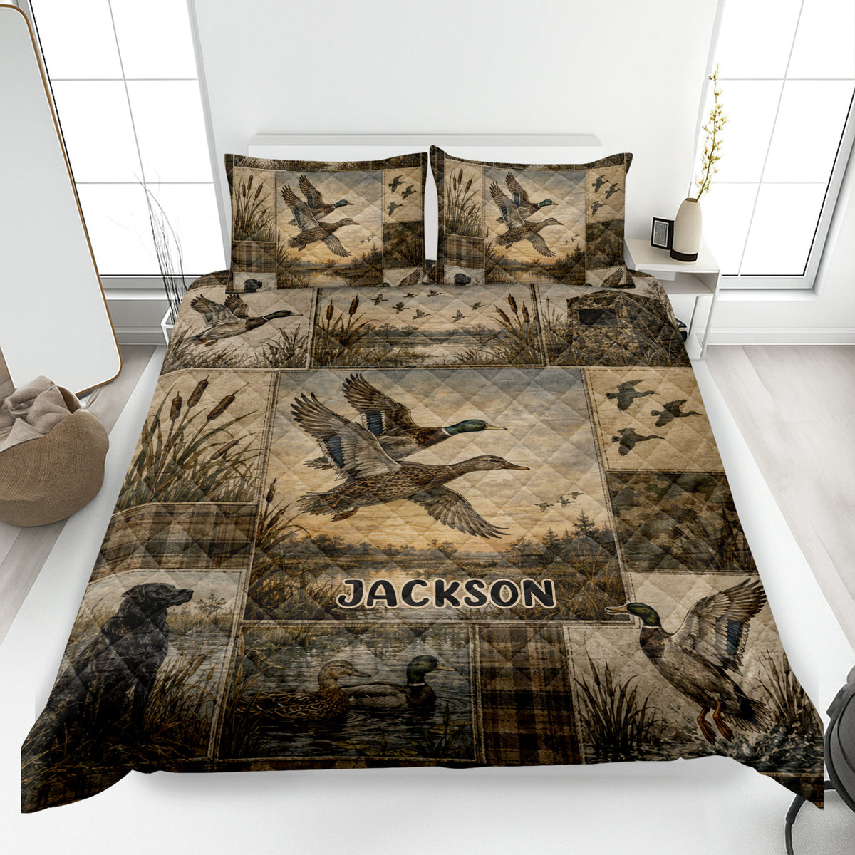 Duck hunting quilt blanket displayed on a bed with mallard ducks, wetlands, cattails, and rustic outdoor artwork
