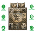 Duck hunting quilt bedding set shown with mallard artwork and soft, breathable, machine washable feature icons