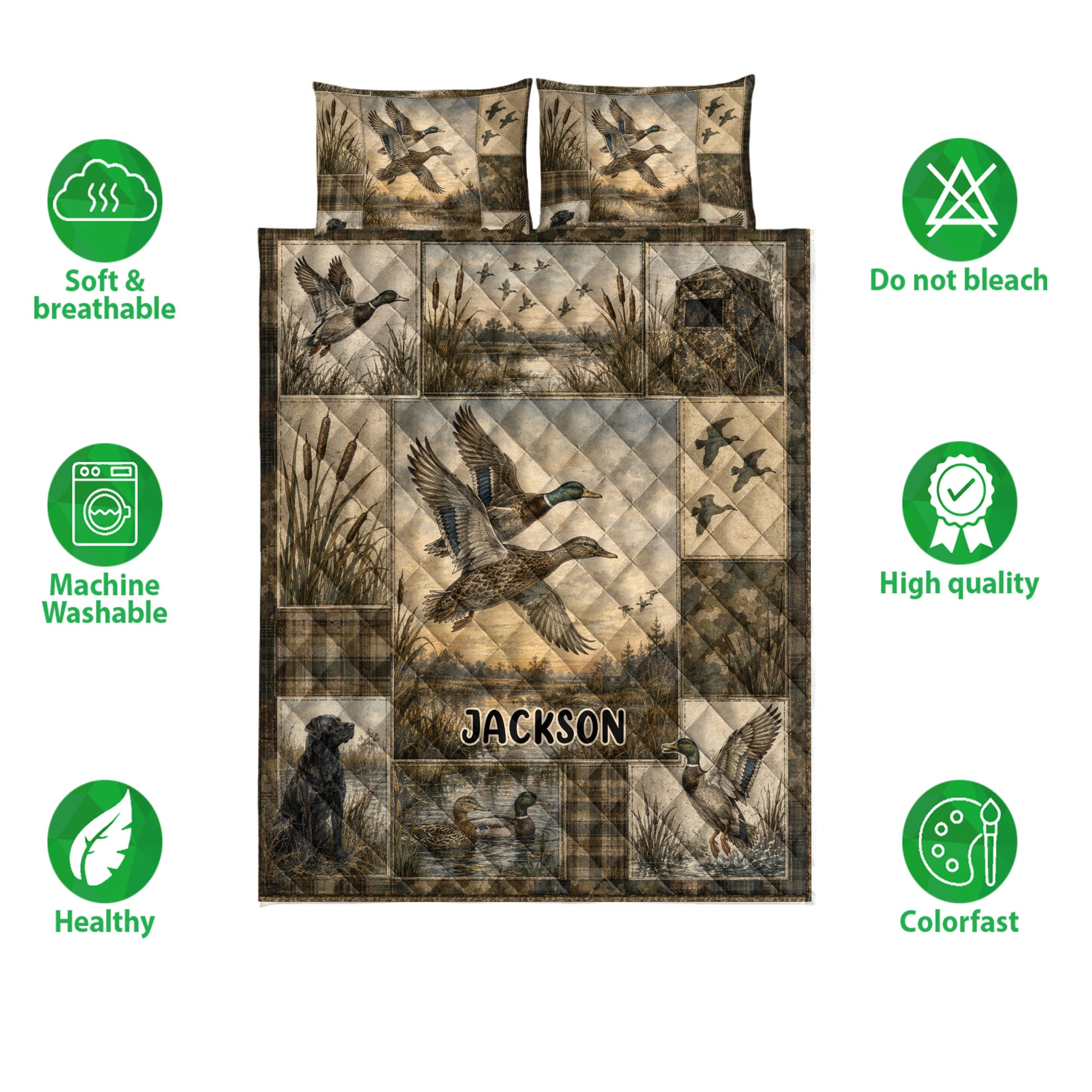 Duck hunting quilt bedding set shown with mallard artwork and soft, breathable, machine washable feature icons