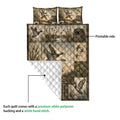 Duck hunting quilt showing the printed front and white quilted backing in a product construction detail view