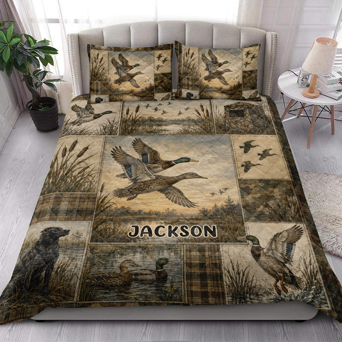 Duck hunting quilt blanket styled in a bright bedroom with mallard ducks, marsh scenery, and rustic bedding artwork