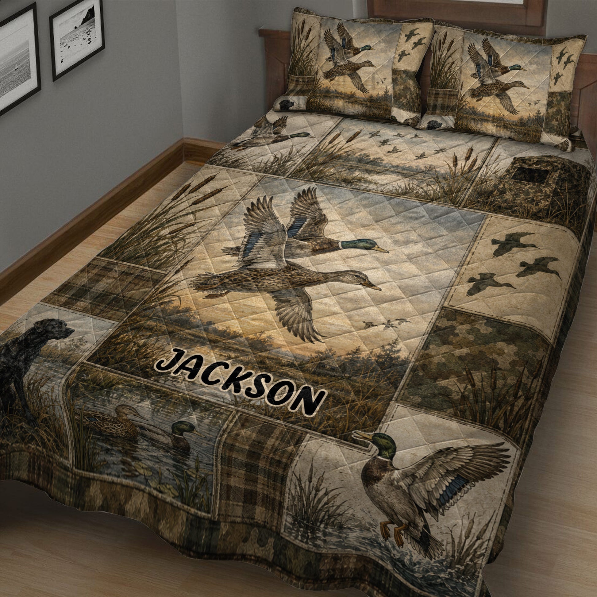 Close view of duck hunting quilt bedding with mallard ducks, cattails, wetlands, and outdoor-inspired artwork