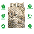 Duck hunting quilt bedding set with mallard artwork, marsh scenery, and product feature icons