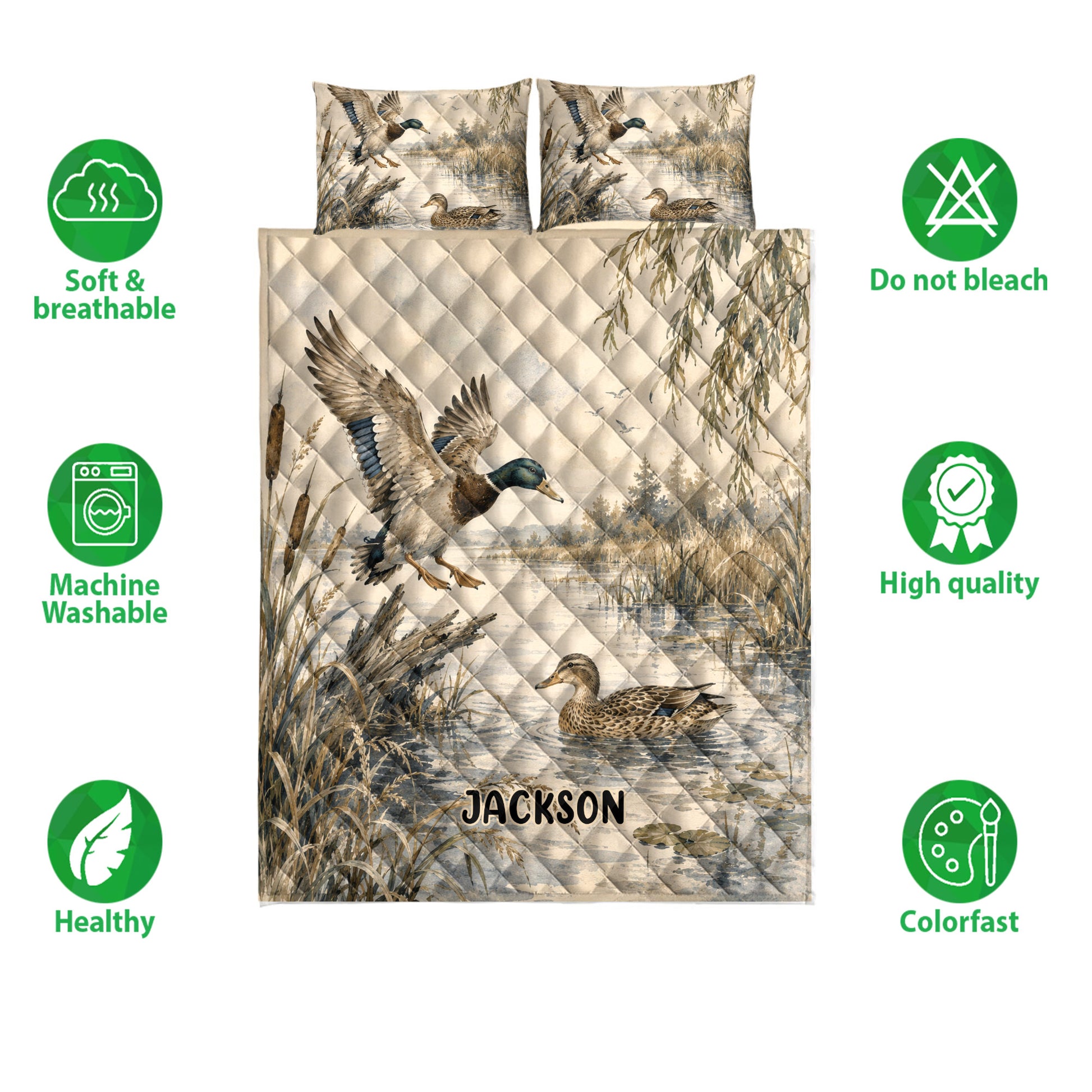 Duck hunting quilt bedding set with mallard artwork, marsh scenery, and product feature icons