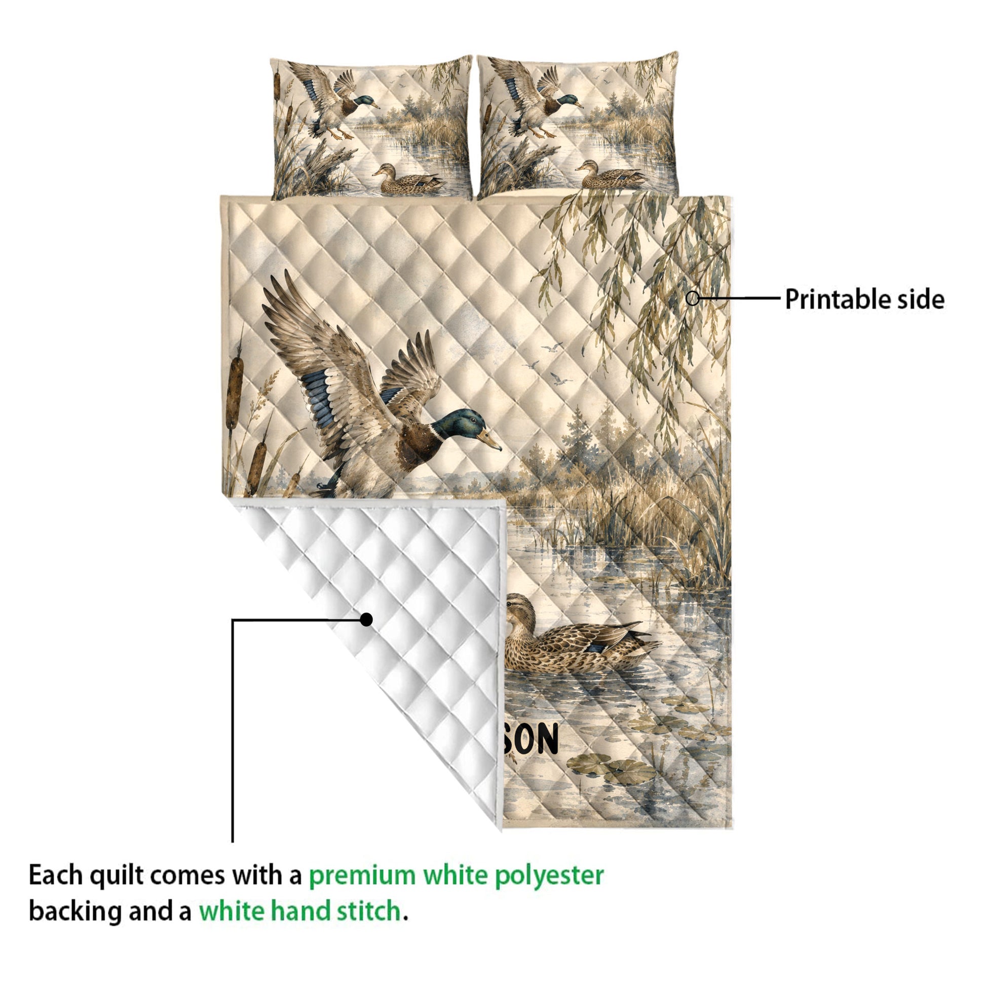 Duck hunting quilt showing mallard artwork, printed front, and white diamond-stitched reverse