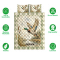 Duck hunting quilt bedding set shown with mallard artwork and icons highlighting softness, washability, and color