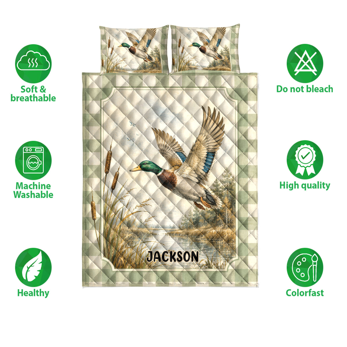 Duck hunting quilt bedding set shown with mallard artwork and icons highlighting softness, washability, and color