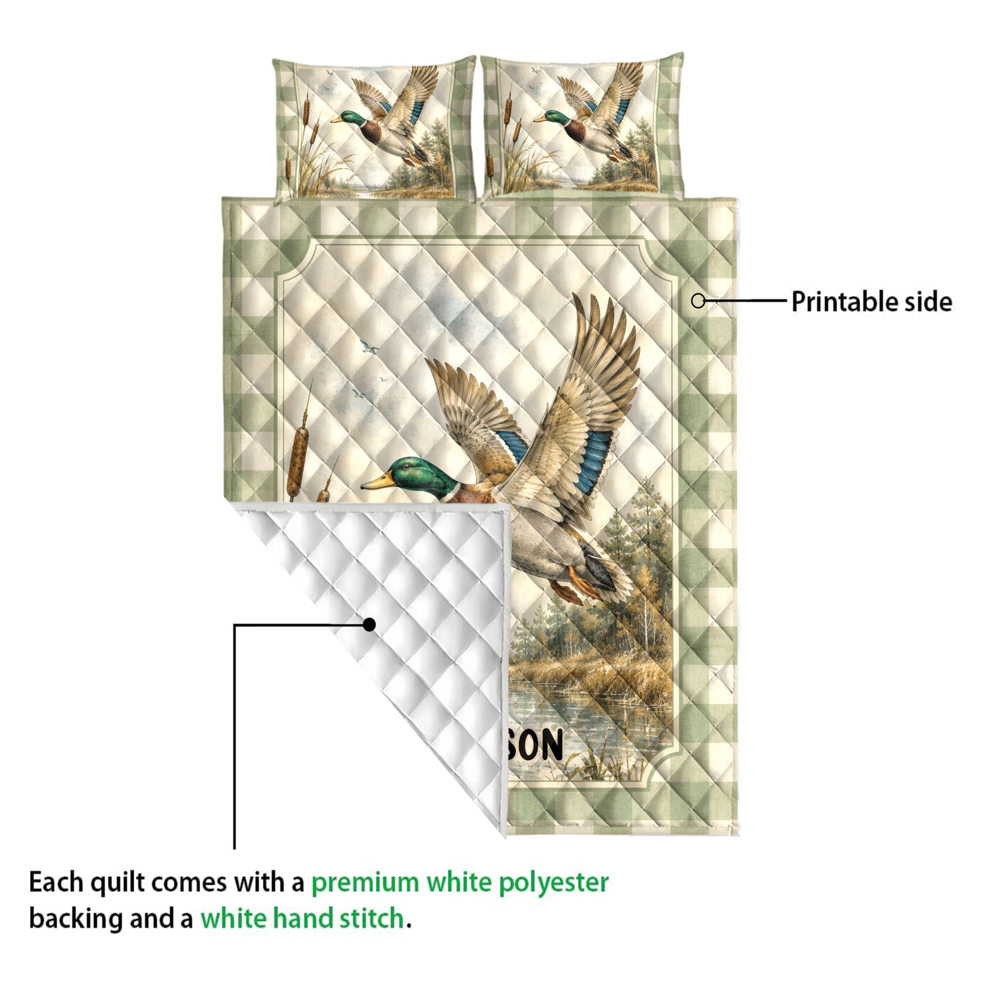 Duck hunting quilt showing the printed front design, white quilted backing, and mallard wetland artwork