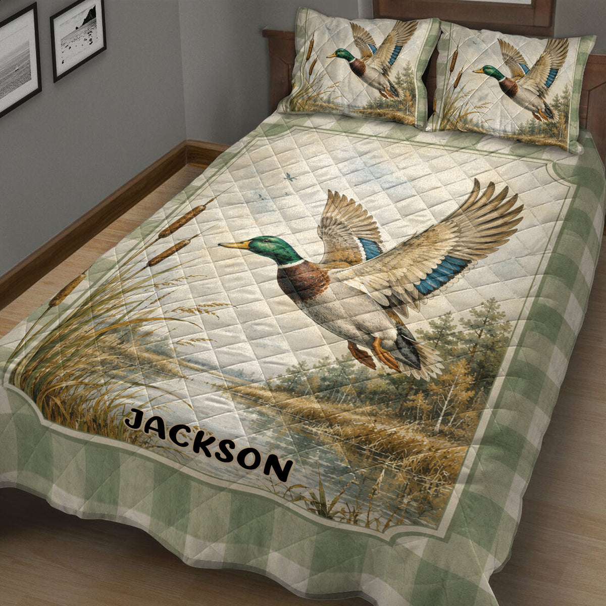 Duck hunting quilt blanket shown in a rustic bedroom with mallard, cattail, woodland, and wetland scenery