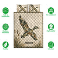 Duck hunting quilt bedding set shown with flying duck artwork, marsh plants, and feature icons
