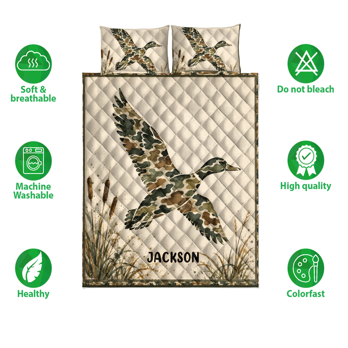 Duck hunting quilt bedding set shown with flying duck artwork, marsh plants, and feature icons