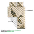 Duck hunting quilt shown with printed flying duck artwork and white quilted backing