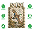 Duck hunting quilt bedding set shown with mallard artwork, marsh scenery, and product feature icons