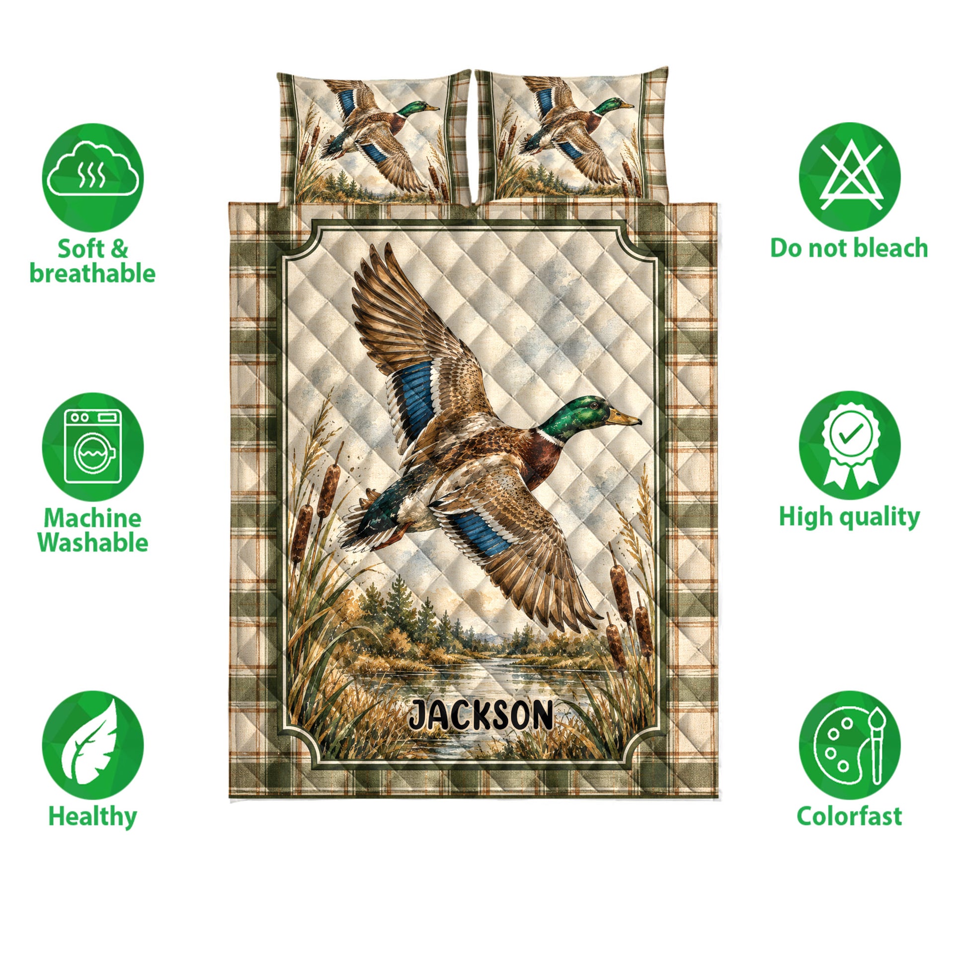 Duck hunting quilt bedding set shown with mallard artwork, marsh scenery, and product feature icons