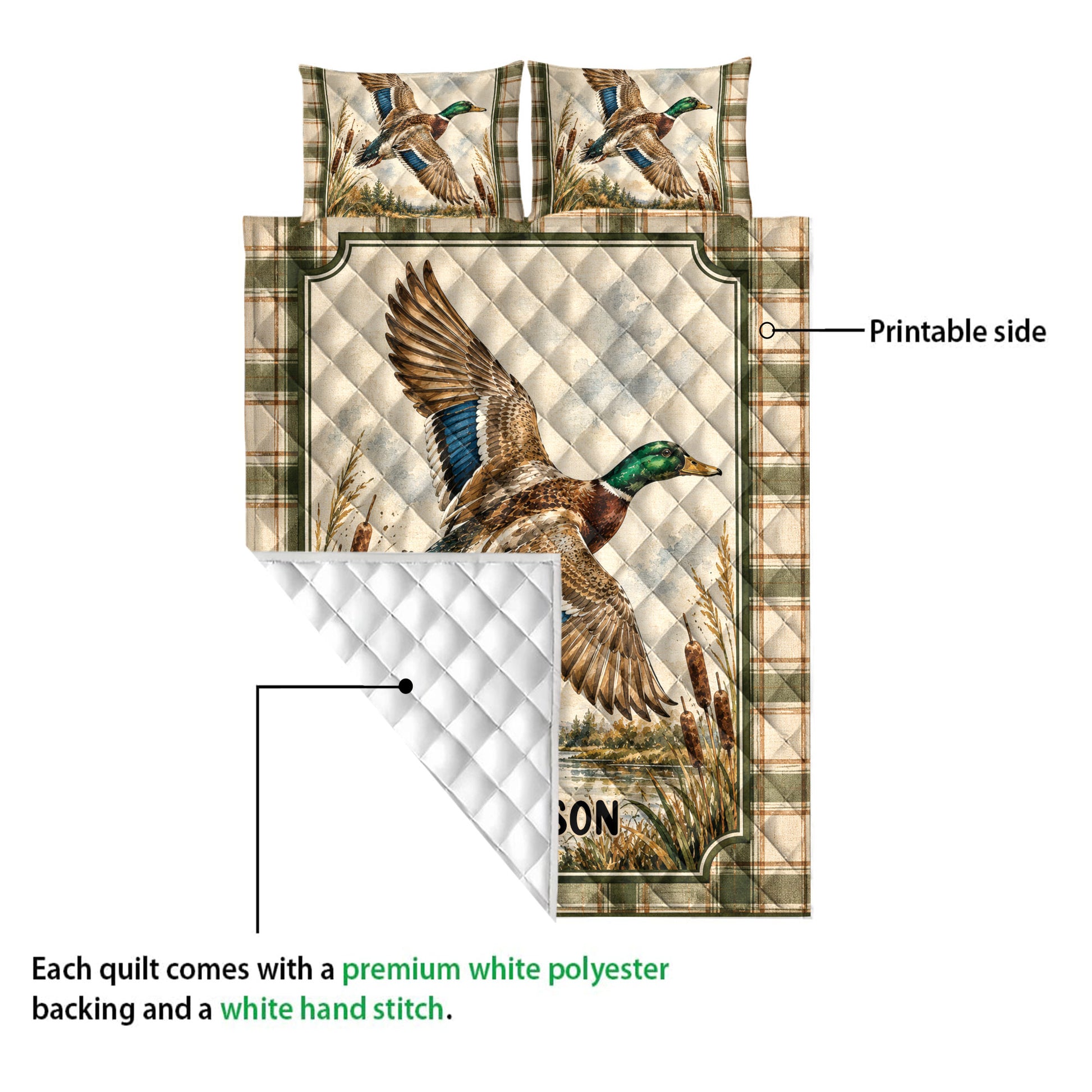 Duck hunting quilt showing the printed mallard design and white diamond-quilted backing