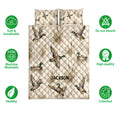 Duck hunting quilt bedding set shown with mallard artwork and feature icons on a white background