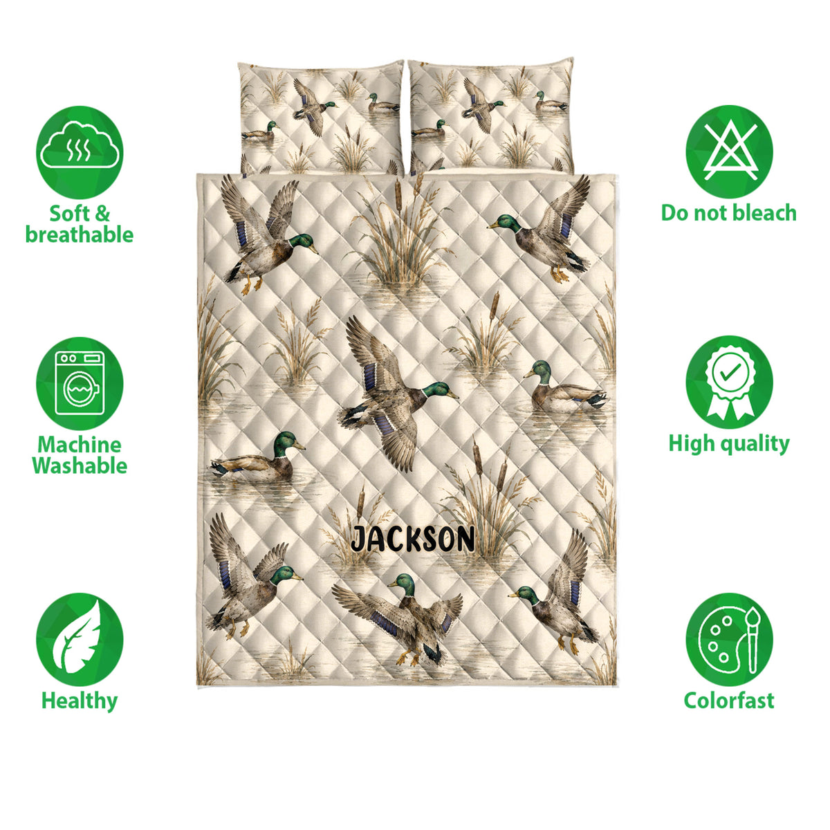 Duck hunting quilt bedding set shown with mallard artwork and feature icons on a white background