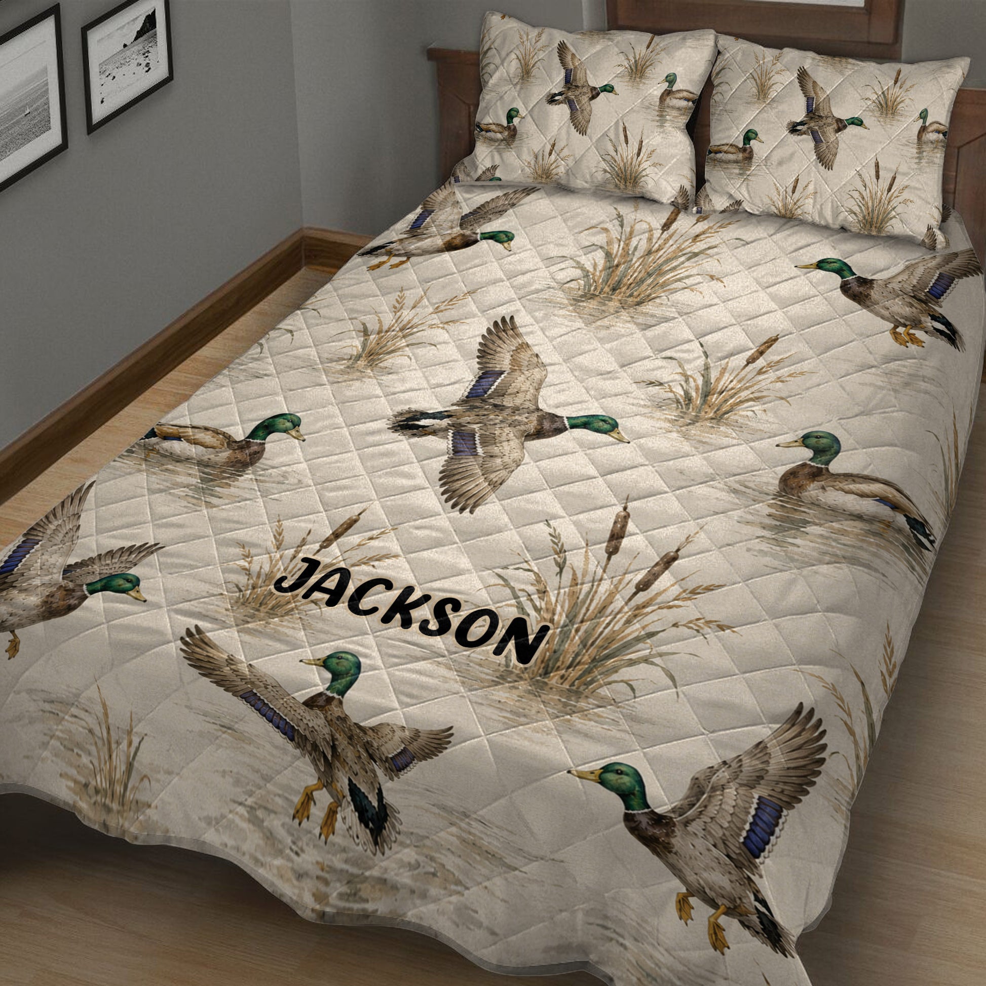 Duck hunting quilt bedding displayed in a rustic bedroom with mallards flying and resting in marsh scenery