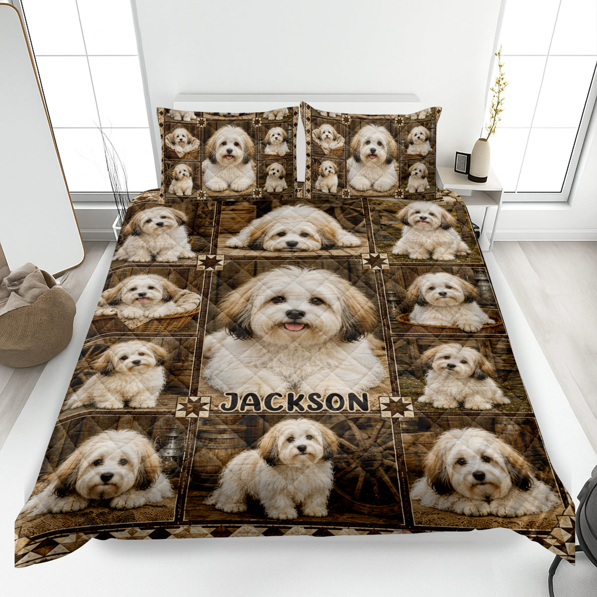 Havanese quilt blanket displayed on a bed with repeated dog portraits and rustic brown patchwork artwork