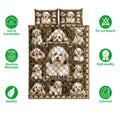 Havanese quilt bedding set shown with dog portrait artwork and product feature icons