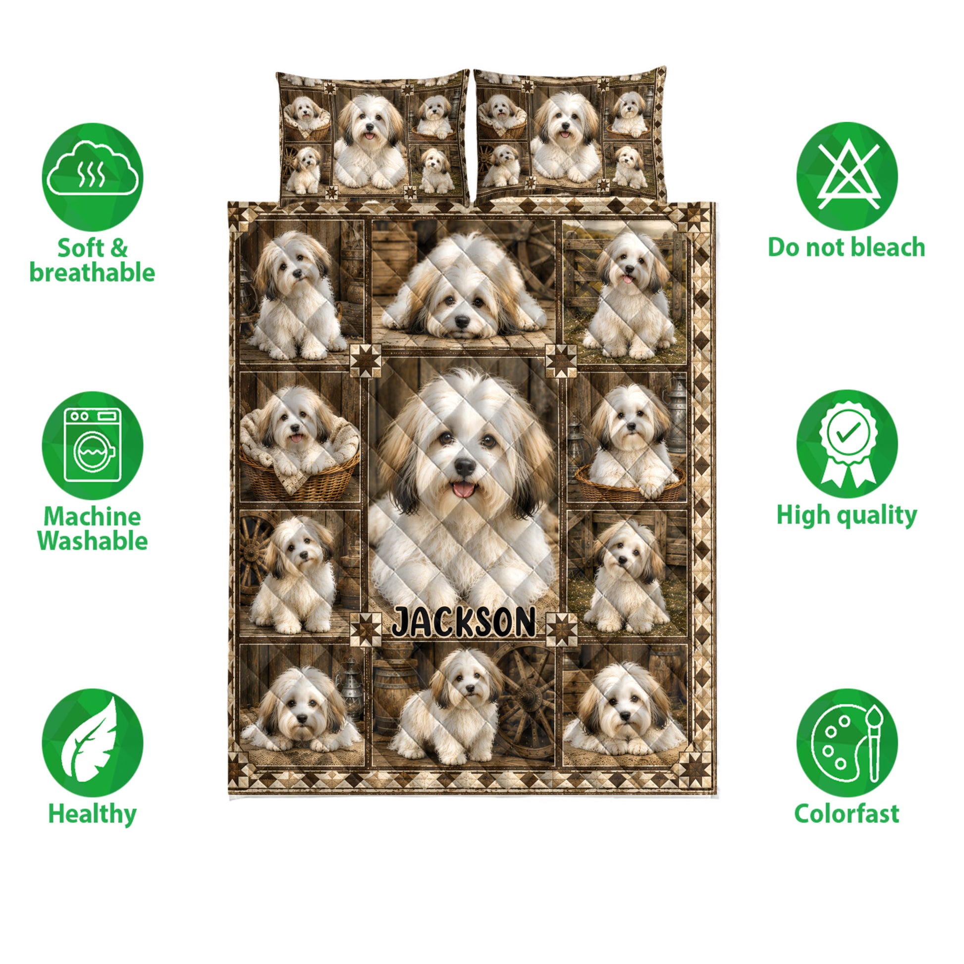 Havanese quilt bedding set shown with dog portrait artwork and product feature icons