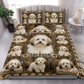 Havanese quilt bedding styled in a bright bedroom with matching dog portrait pillow options