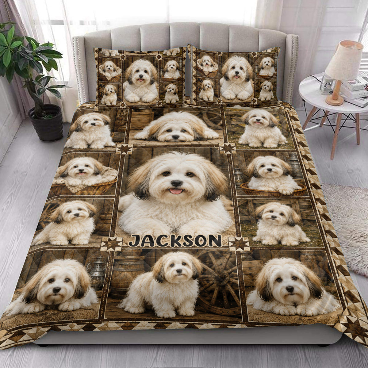 Havanese quilt bedding styled in a bright bedroom with matching dog portrait pillow options
