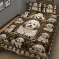 Close-up of a Havanese dog quilt blanket with rustic patchwork frames and repeated portraits